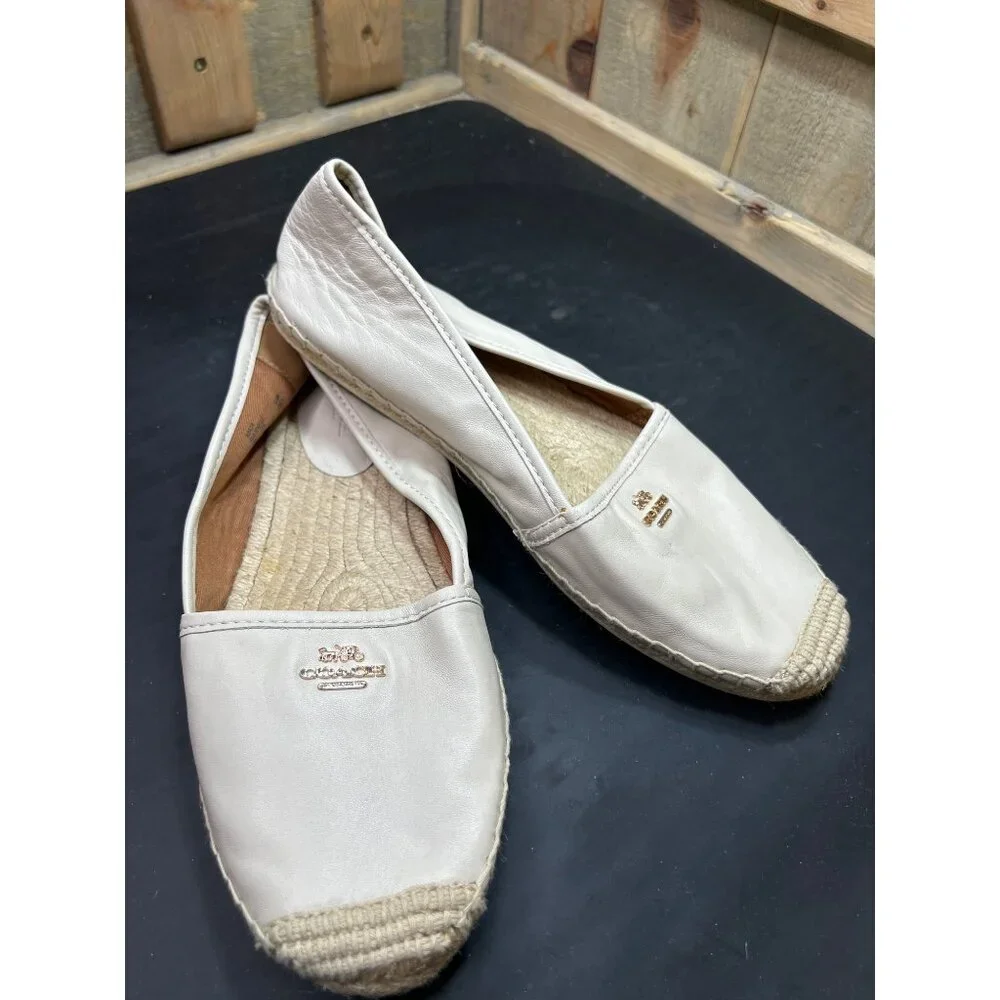 Coach Womens Cream Leather Espadrille Flats Size 9.5 Signature Gold Logo